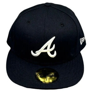 New Era Atlanta Braves ROAD 59Fifty Fitted‎ Hat Sz 7-3/8 Navy MLB Cap Men
